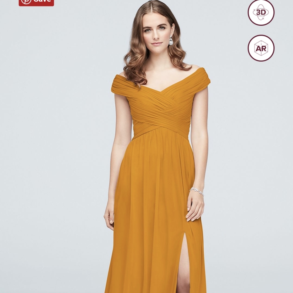 David's Bridal Marigold Crisscross off-the-shoulder bridesmaid dress